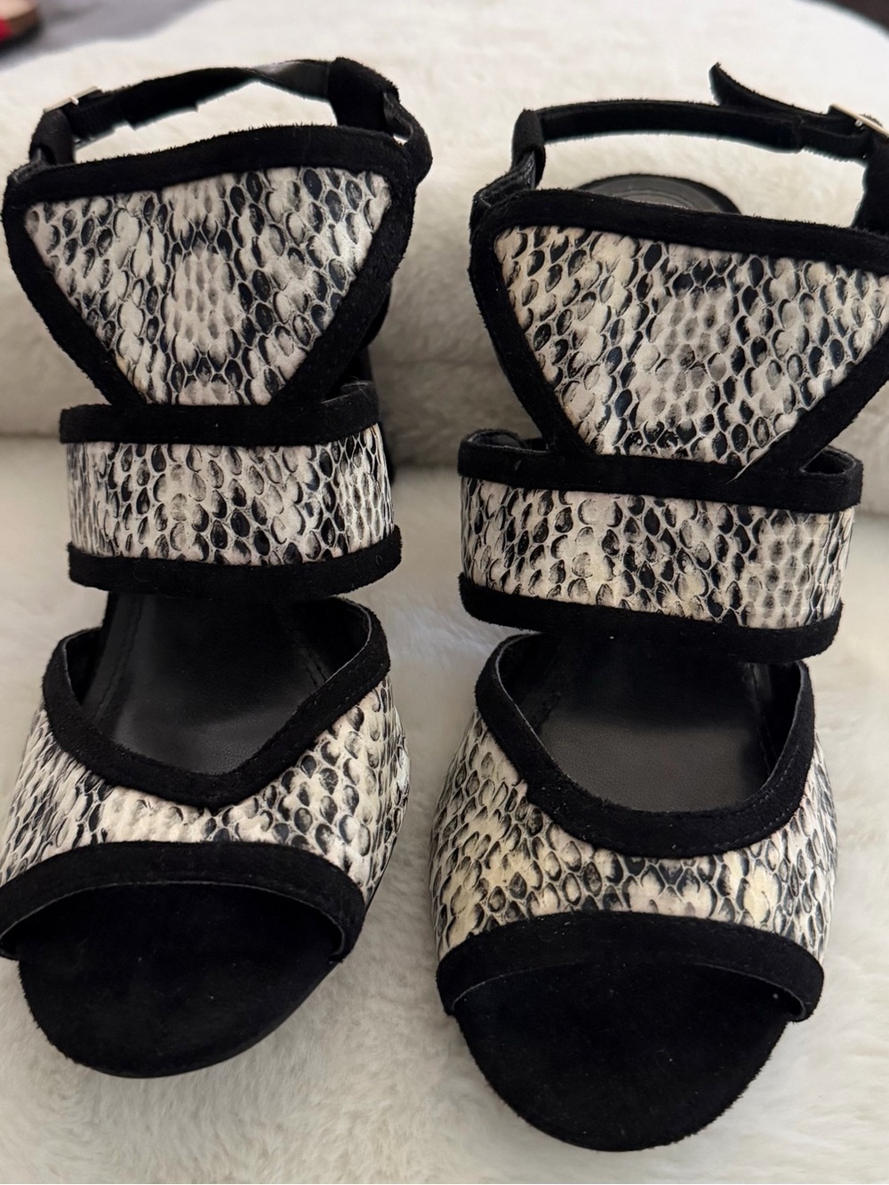 Impo Black and White Snake-Print Strappy Heels
